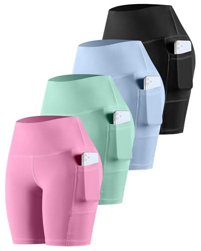 CHRLEISURE Womens Biker Yoga Shorts with Pockets: High Waisted Tummy Control Spandex Workout Athletic Gym Shorts 4 Packs(8'' Black,Blue,Green,Pink, M) - Image 1
