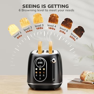 Keenstone Smart Touch Screen Toaster 2 Slice, Retro Wide Slot Stainless Steel Toaster with 6 Browning Levels, Reheat & Defrost, for Bagel, Toast, Bread, Removable Crumb Tray, Black - Image 6