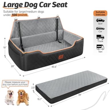 XIEEAOZEE Dog Car Bed Booster, Comfortable Travel Seat for Large/Medium Dogs, Fully Detachable & Washable with Thick Cushion (Black&Gray) - Image 2