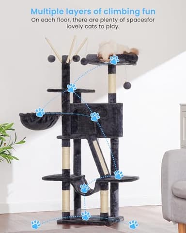 Hey-brother Cat Tree, 53 inch Cat Tower for Indoor Cats, Cat House with Padded Platform Bed, Toy Balls, Large Cozy Condo, Hammocks and Sisal Scratching Posts, Smoky Gray MPJ019-SG - Image 3