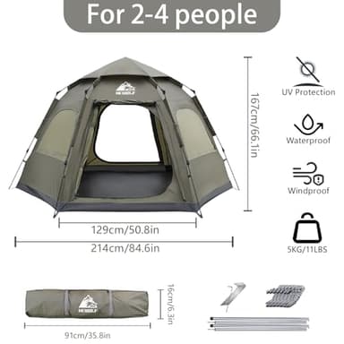 Hewolf 2/3/4 Person Camping Tent - Instant Pop Up Waterproof 2 Doors Tent with Easy Setup | 3-Season Hexagonal Dome Design for Family, Hiking & Traveling (Green) - Image 3