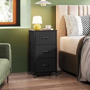WLIVE Dresser with 3 Drawers, Fabric Nightstand, Cabinet with Wheels, Organizer Storage Dresser for Bedroom, Office, Closets, Black Dresser with Sturdy Steel Frame, Easy Pull Handle - Image 2