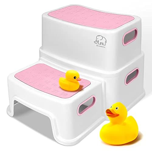 Pink Toddler Step Stool for Toilet, Two Step Stool for Kids Bathroom with Handle for Potty Training, Non-Slip Girls Small Heavy Duty Plastic Stool for Sink Bed Kitchen Counter (White-Pink) - Image 1