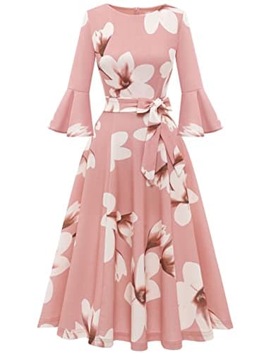 HomRain Modest for Church Elegant 3/4 Sleeve Dress for Women Casual Work Bell Sleeve Dresses for Formal Bridesmaid Wedding Guest Blush-White-Flower 3XL - Image 1