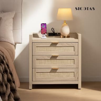 SICOTAS Rattan Nightstands Set of 2 Bedside Table - Larger Night Stand with Type-C Charging Station, 3 Drawers Storage, Boho Night Stands End Table for Bedroom Office - Light Oak - Image 2