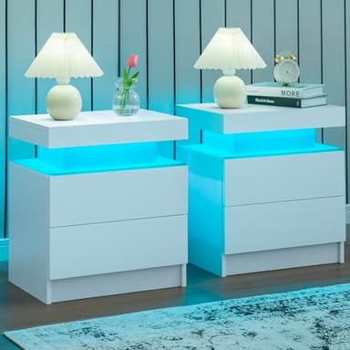 i-aplus Nightstand Set of 2 LED Nightstand with 2 Drawers,Night Stand Set 2 with LED Light,Bedside Table with Drawers for Bedroom,White - Image 1