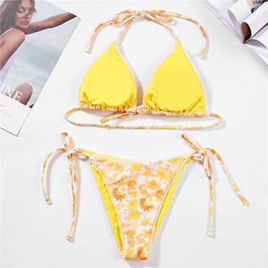 Women's Two Piece Bikini Swimsuit Set Floral Padded Top Tie Side Triangle Thong Bathing Suit Yellow - Image 6