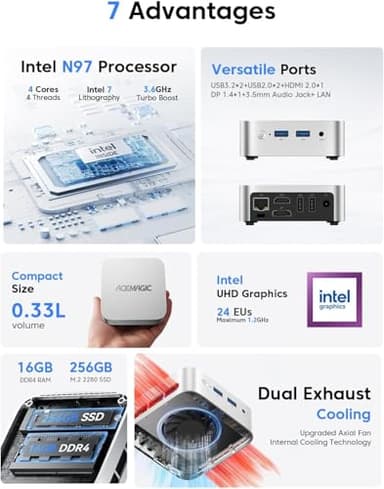 ACEMAGIC Mini Pc 11 Pro, Processor N97 (Beat N100/N95/N150) up to 3.6 GHz Mini Computers, 16GB DDR4 256GB SSD, 4K Dual Display WiFi BT VESA Micro Small Pc for Business and Home, Mini Desktop - Image 2