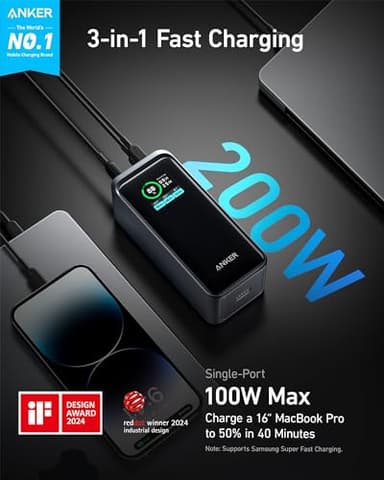 Anker Prime Power Bank, 20,000mAh 200W Portable Laptop Charger for Travel, TSA-Approved, Smart Digital Display, 2 USB-C and 1 USB-A Port, for iPhone 16/15/14 Series, Samsung, MacBook, and More - Image 2