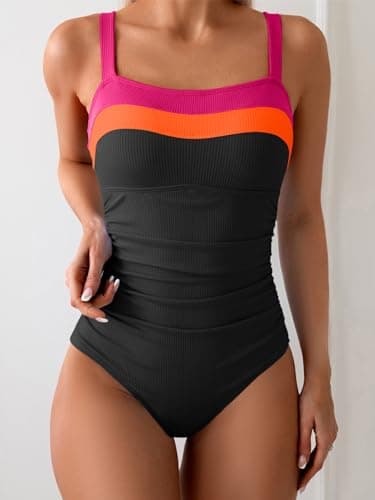 Aidonger Women's Ribbed One Piece Swimsuits Color Block Tummy Control Bathing Suit Slimming 1 Piece Swimwear - Image 2
