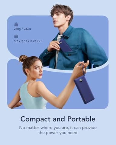 VRURC Portable Charger Power Bank, 10000mAh Travel Essentials, 5 Outputs 2 Inputs Slim Battery Pack Built-in Cables Cords Compatible with iPhone,Samsung,Android-Navy Blue(1 Pack) - Image 2