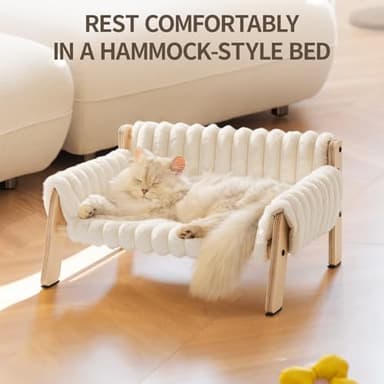 MEWOOFUN Cat Couch Bed, Pet Sofa for Indoor Cats Wooden Indoor Elevated Cat Beds with Removable Mattress Cover Suitable for Kitty, Puppy or Small Animal (Cream, Medium) - Image 2