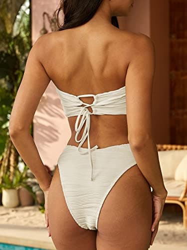 ZAFUL Women Strapless Textured Bandeau Bikini 2 Piece Swimwear Cheeky Solid Lace up Bathing Suits(1-Beige,M) - Image 3