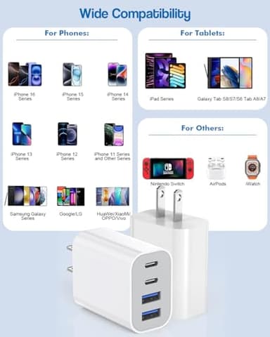 40W iPhone 17 16 Charger Block,2Pack 4-Port Fast USB C Charger Blocks,Multiport PD Power Adapter & QC Phone Charging Apple Adapter for iPhone 17 Air/17 Pro Max/16e/16 Pro/15/15Pro Max/14/13/12/11/iPad - Image 6