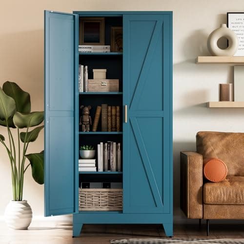 COFaR Home Farmhouse Storage Cabinet with Barn Door, Tall Kitchen Pantry Cupboard with Adjustable Shelves, for Dining Room, Bathroom, Living Room Blue - Image 1