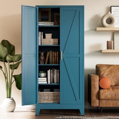 COFaR Home Farmhouse Storage Cabinet with Barn Door, Tall Kitchen Pantry Cupboard with Adjustable Shelves, for Dining Room, Bathroom, Living Room Blue - Image 1