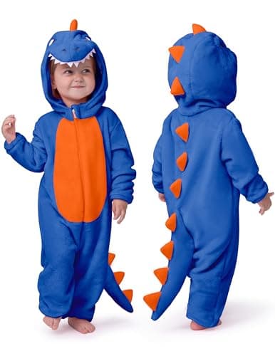 Spooktacular Creations Halloween Dinosaur Pajama, Baby Dinosaur Costume Blue Toddler Hooded Jumpsuit, Dragon Zip-up Pajama Jumpsuit for Baby Boys Girls Halloween Costume Cosplay Themed Parties - Image 1
