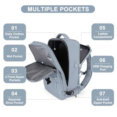 coofay Large Travel Backpack For Women Men Airline Approved Carry On Backpack Flight Approved Waterproof Sports Luggage Backpack Casual Daypack Hiking Backpack Grey Blue - Image 4