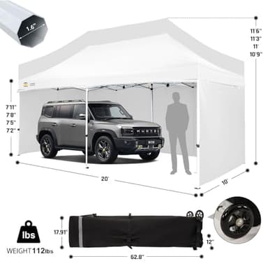 CROWN SHADES 10x20 Pop Up Canopy Tent, Thicken Frame Commercial Heavy Duty Tent, 4 Sidewalls 8 Stakes & 4 Sandbags & 4 Ropes, Outdoor Canopies for Events, Parties,White - Image 2
