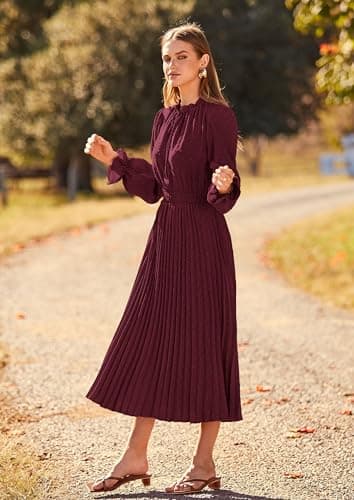 PRETTYGARDEN Women's 2025 Spring Fall Midi Dress Casual Long Sleeve V Neck Swiss Dot Pleated A Line Flowy Dresses (Dark Wine Red,Large) - Image 6