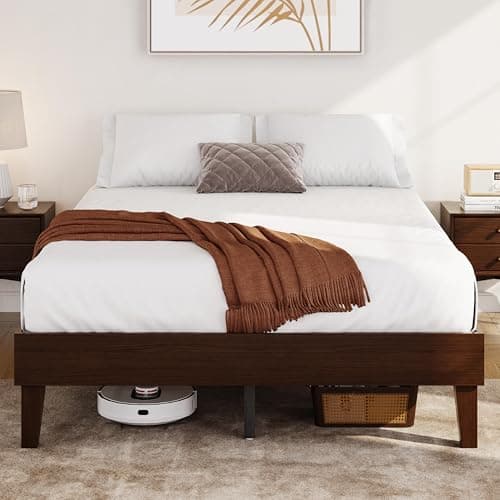 Yaheetech Full Bed Frame Natural Solid Wood Platform Bed with Wooden Slats Support, 12-inch Underbed Space for Storage, Noise-Free Design, Easy Assembly, Dark Walnut Finish - Image 1