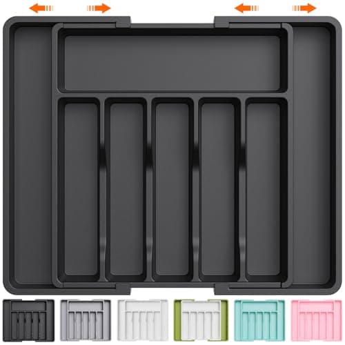 Lifewit Large Silverware Drawer Organizer, Expandable Utensil Tray for Kitchen, BPA Free Flatware and Cutlery Holder, Adjustable Plastic Storage for Spoons Forks Knives, Large, Black - Image 1