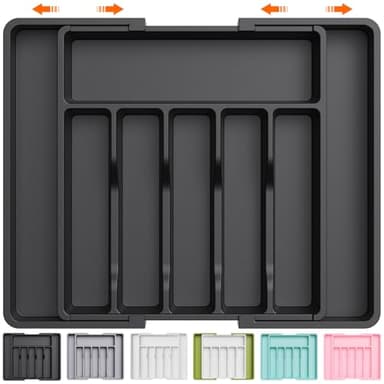 Lifewit Large Silverware Drawer Organizer, Expandable Utensil Tray for Kitchen, BPA Free Flatware and Cutlery Holder, Adjustable Plastic Storage for Spoons Forks Knives, Large, Black - Image 1