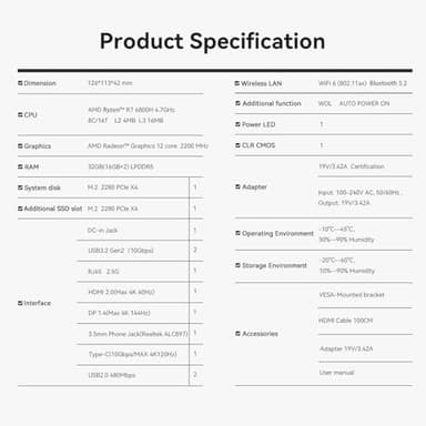 Beelink SER5 MAX Mini PC,AMD Ryzen 7 6800H(8C/16T,up to 4.7 GHz),Mini Computer 32GB LPDDR5 RAM 1TB SSD Graphics 12 core 2200 MHz,Support 4K Triple Display/HDMI+DP+Type-C/Wifi6/BT5.2/2.5G LAN/USB3.2 - Image 9