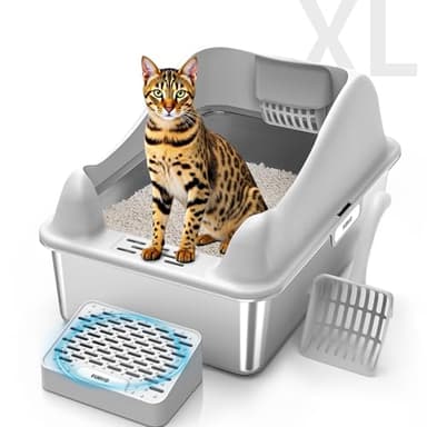 Furkid Stainless Steel Cat Litter Box with Lid, XL Extra Large Litter Box for Big Cats, High Sided Kitty Metal Pan with Pedal Filter and Scoop, Non-Sticky&Anti-Leakage Easy Cleaning Gray - Image 1