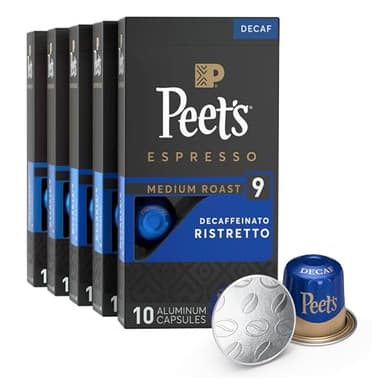 Peet's Coffee, Medium Roast Decaf Espresso Capsules, Compatible with Nespresso Original Machine - Decaf Ristretto Intensity 10, 50 Count (5 Boxes of 10 Espresso Capsules) - Image 1