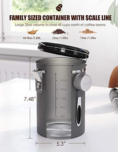 HAIOOU Airtight Coffee Canister, 22OZ Large Stainless Steel Coffee Bean Storage Container with Date Tracker, Measuring Scoop, CO2 Releasing Valves and Mini Tongs for Beans, Grounds and more - Gray - Image 3