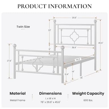 SHA CERLIN 14 Inches Twin Size Metal Platform Bed Frame/Vintage Iron-Art Headboard and Footboard/Mattress Foundation for Storage/No Box Spring Needed/Noise-Free/Easy Assembly/White - Image 2