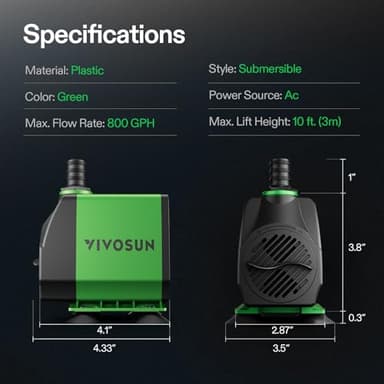 VIVOSUN 800GPH Submersible Pump(3000L/H, 24W), Ultra Quiet Water Fountain Pump with 10ft. High Lift with 6.5ft. Power Cord, 3 Nozzles for Fish Tank, Pond, Aquarium, Statuary, Hydroponics Green - Image 6