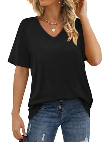 Womens Summer Tops Loose Fit Casual V Neck T Shirts Short Sleeve Tshirts Plus Size Blouses Black XXL - Image 3