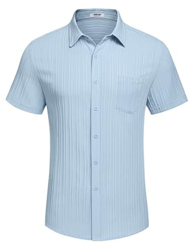 COOFANDY Men's Casual Button Down Shirts Short Sleeve Textured Linen Summer Beach Shirt with Pocket Light Blue - Image 4