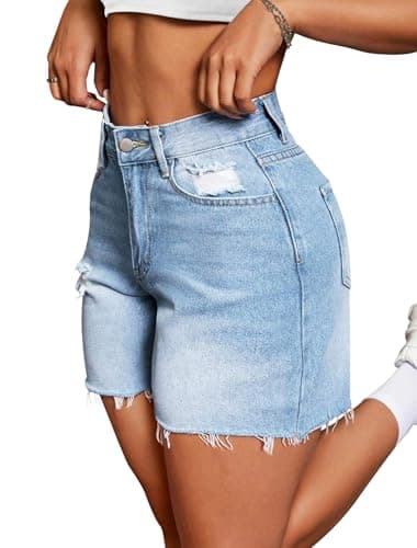 IWD Jean Shorts Womens High Waisted Ripped Casual Denim Shorts Stretchy Raw Hem Jorts 2025 Summer Trendy (Light Blue, Small) - Image 1
