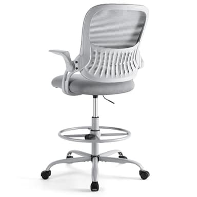 Sweetcrispy Tall Drafting Desk Chair - Ergonomic High Stool Computer with Adjustable Height and Comfy Lumbar Support, Office Rolling Counter with Flip-up Arm and Footrest, Light Grey - Image 1