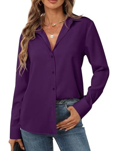 hearain Womens Button Down Shirts Long Sleeve Chiffon Blouse Basic Classic Collared Soft Shirt Dark Purple Size XL - Image 3