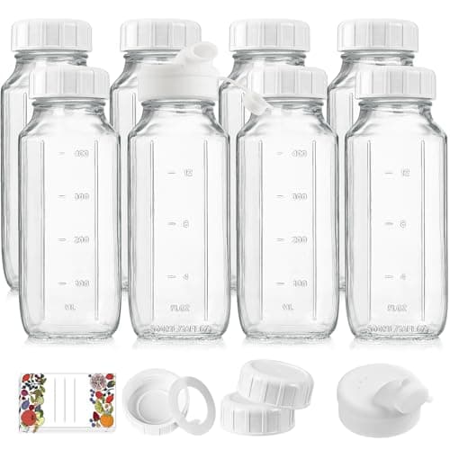 8 Pack 16 Oz Reusable Glass Milk Bottles w 100% Airtight Heavy Duty SCREW Lid & 2 Pour Spouts - Glass Juice Bottles w Capacity Mark - Beverage Drinking Jar Juice Container Breast Milk(Extra 2 Lids) - Image 1