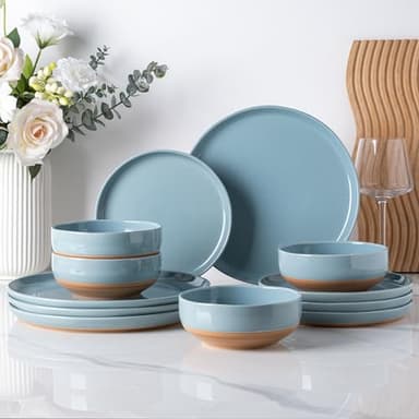 AmorArc Ceramic Dinnerware Sets for 4, 12 Pieces Handpainted Plates and Bowls Set with Rustic Terracotta Underside, Scratch Resistant Stoneware Dishes Set, Dishwasher & Microwave Safe, Stone Blue - Image 1