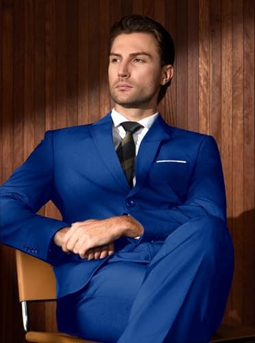 WULFUL Men’s Slim Fit Suit One Button 3-Piece Blazer Dress Business Wedding Party Jacket Vest & Pant Royal Blue - Image 2