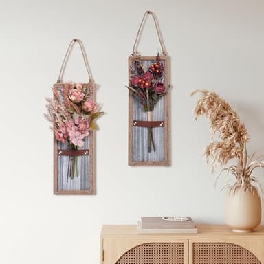 Yorkmills Wood Wall Decor & Red Artificial Flowers Set of 2, Grey Wall Art Decor with Fake Flower Bouquet, Rustic Wall Art Home Farmhouse Wall Decor for Living Room, Dining Room, Bedroom, Bathroom - Image 4