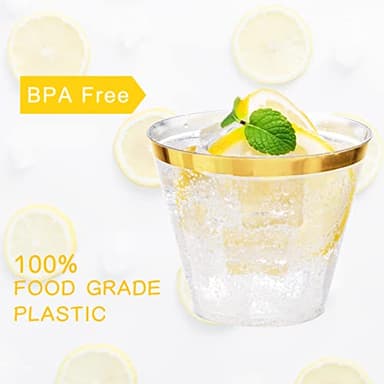 Ciaell 200PCS Gold Plastic Cups - 9Oz Heavy Duty Disposable Clear Plastic Cups with Gold Rim for Wine, Cocktail, Party & Wedding & Thanksgiving - Image 2