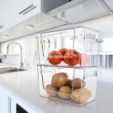 4 Pack Large Stackable Storage Bins, Plastic Container Organizer with Open Front, Pantry Organizers and Storage for Potato, Onion, Fruit and Vegetable, Clear Kitchen Laundry Organizer with Lid - Image 5
