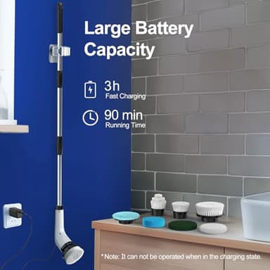 Electric Spin Scrubber with Long Handle: ALPONO Cordless Power Shower Scrubber Spin Brush with 7 Brush Replacement Heads for Cleaning Bathroom,Tub, Tile (Black) - Image 8