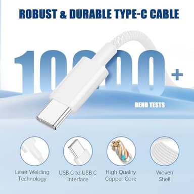 USB C to C Fast Charger Cable 10ft, 60W Long Fast Charge Type C to C Charging Cord Wire for Apple iPhone 17 Pro Max/17 Air/16 Pro Max/15 Plus,iPad Pro 12.9/11 inch/Mini/Air 5/4th,MacBook,Samsung-White - Image 3