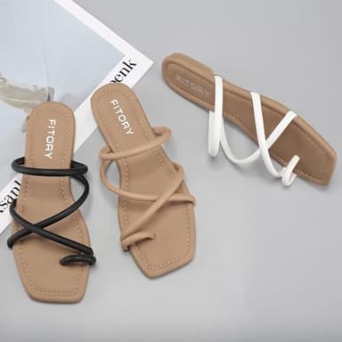 FITORY Women's Slide Sandals Flat Toe Ring Thongs with Cross Strap for Summer Size 9 White - Image 6