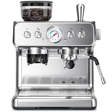 Kismile Espresso Machine with Grinder, 20 Bar Automatic Espresso Maker with Milk Frother Steam Wand, Removable Water Tank for Latte & Cappuccino, Professional Coffee Machine for Home (Stainless Steel) - Image 1