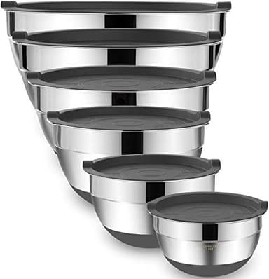 Umite Chef Mixing Bowls with Airtight Lids，6 piece Stainless Steel Metal Nesting Storage Bowls, Non-Slip Bottoms Size 7, 3.5, 2.5, 2.0,1.5, 1QT, Great for Mixing & Serving(Grey) - Image 1