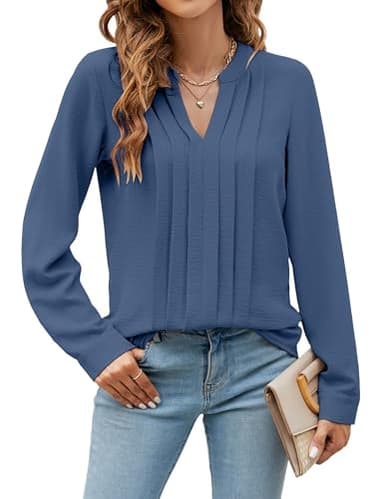 Blooming Jelly Women's Dressy Casual Blouses Business Work Tops Trendy Long Sleeve V Neck Flowy Pleated Shirts 2025 Fall Outfits (Grey Blue,Medium) - Image 1